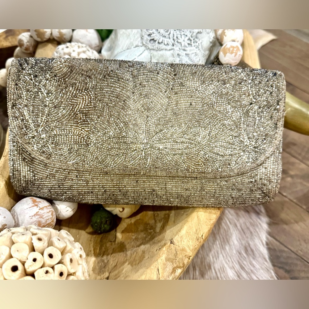Vintage  Silver Beaded Clutch Bag